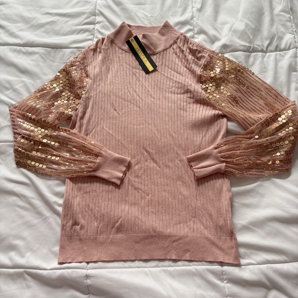NWT Joseph A Sequin Sweater Womens Medium Pink Maximalist Luxury Designer Dainty